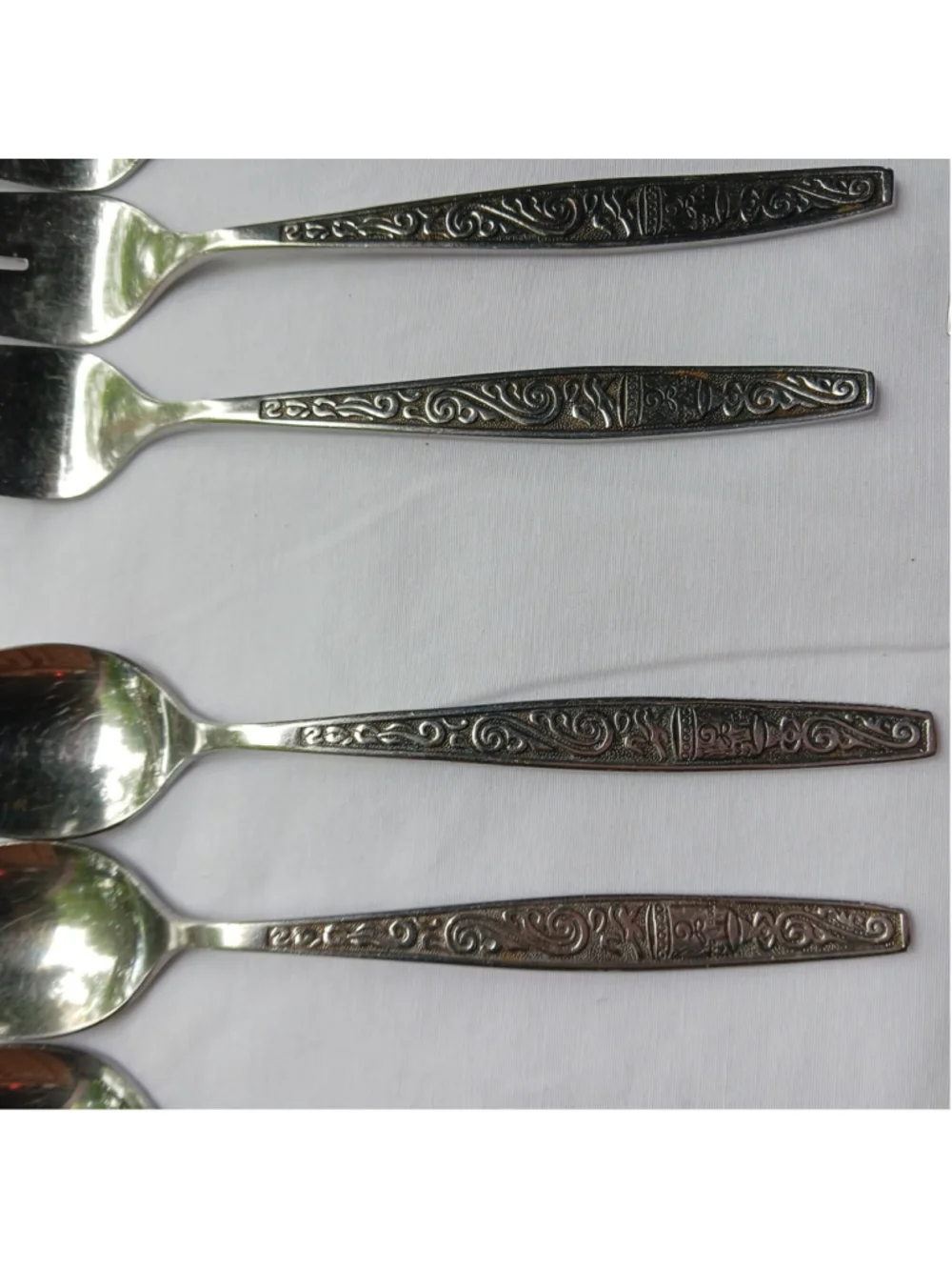 VTG MCM Stainless Steel Flatware Set Scroll Asian Good Luck Bell Chalice